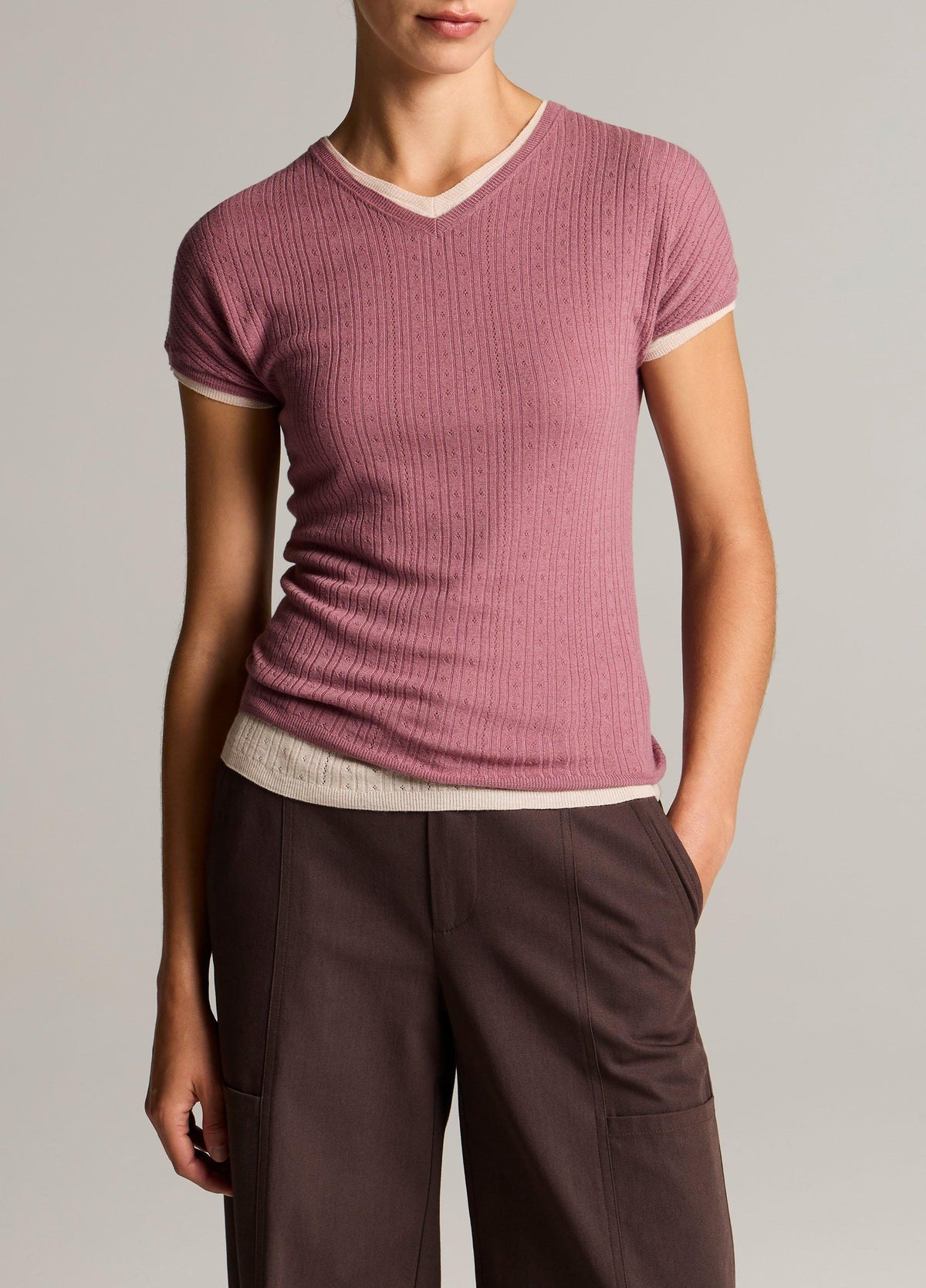 Pointelle Wool Short-Sleeve Sweater - US 2168