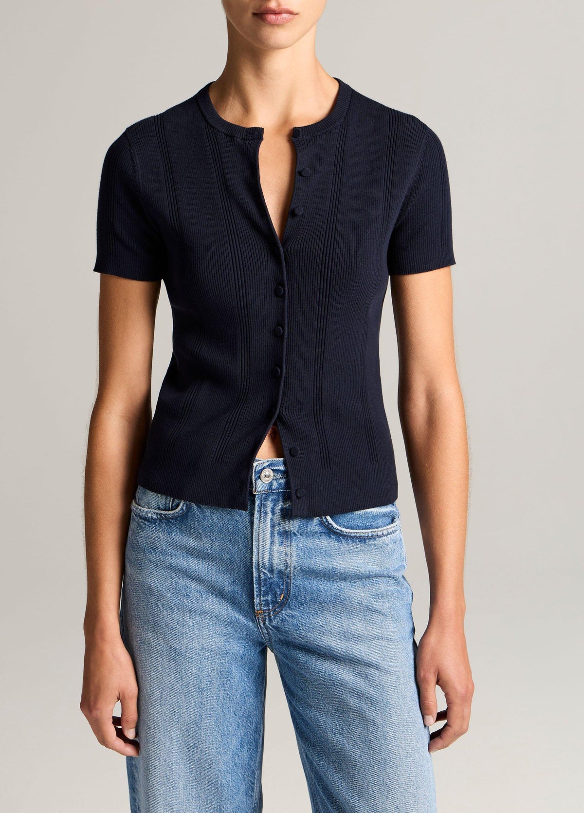 Ribbed Cotton Short-Sleeve Cardigan - US 4675