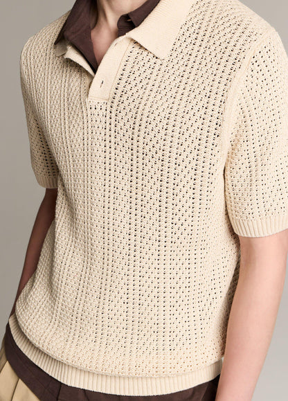 Seed-Stitch Rib Cotton Polo Sweater - US 5216