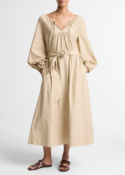 Shirred Cotton Belted Tie-Neck Dress - US 3184