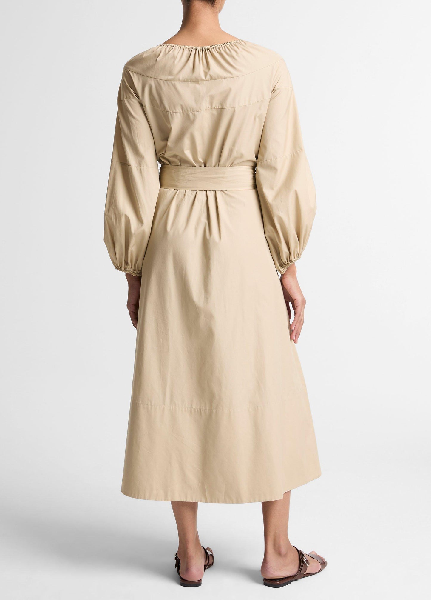 Shirred Cotton Belted Tie-Neck Dress - US 3184