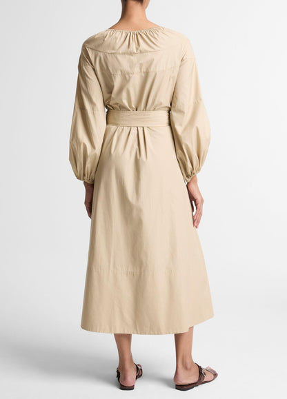 Shirred Cotton Belted Tie-Neck Dress - US 3184