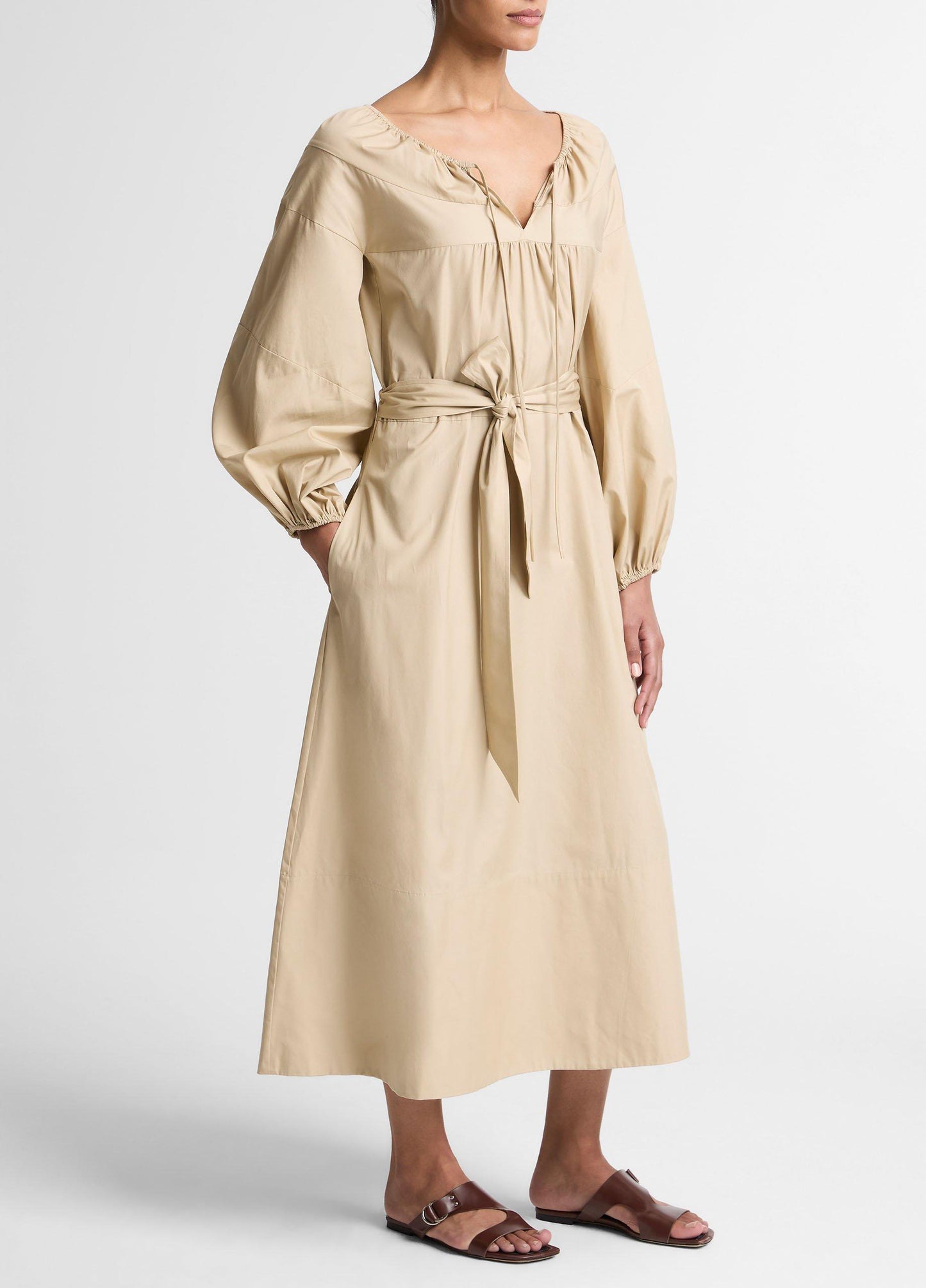 Shirred Cotton Belted Tie-Neck Dress - US 3184