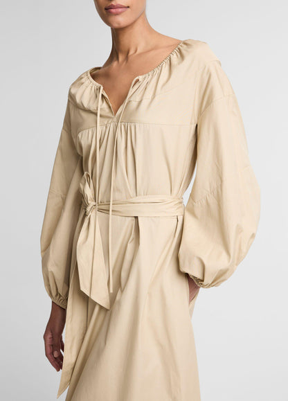 Shirred Cotton Belted Tie-Neck Dress - US 3184