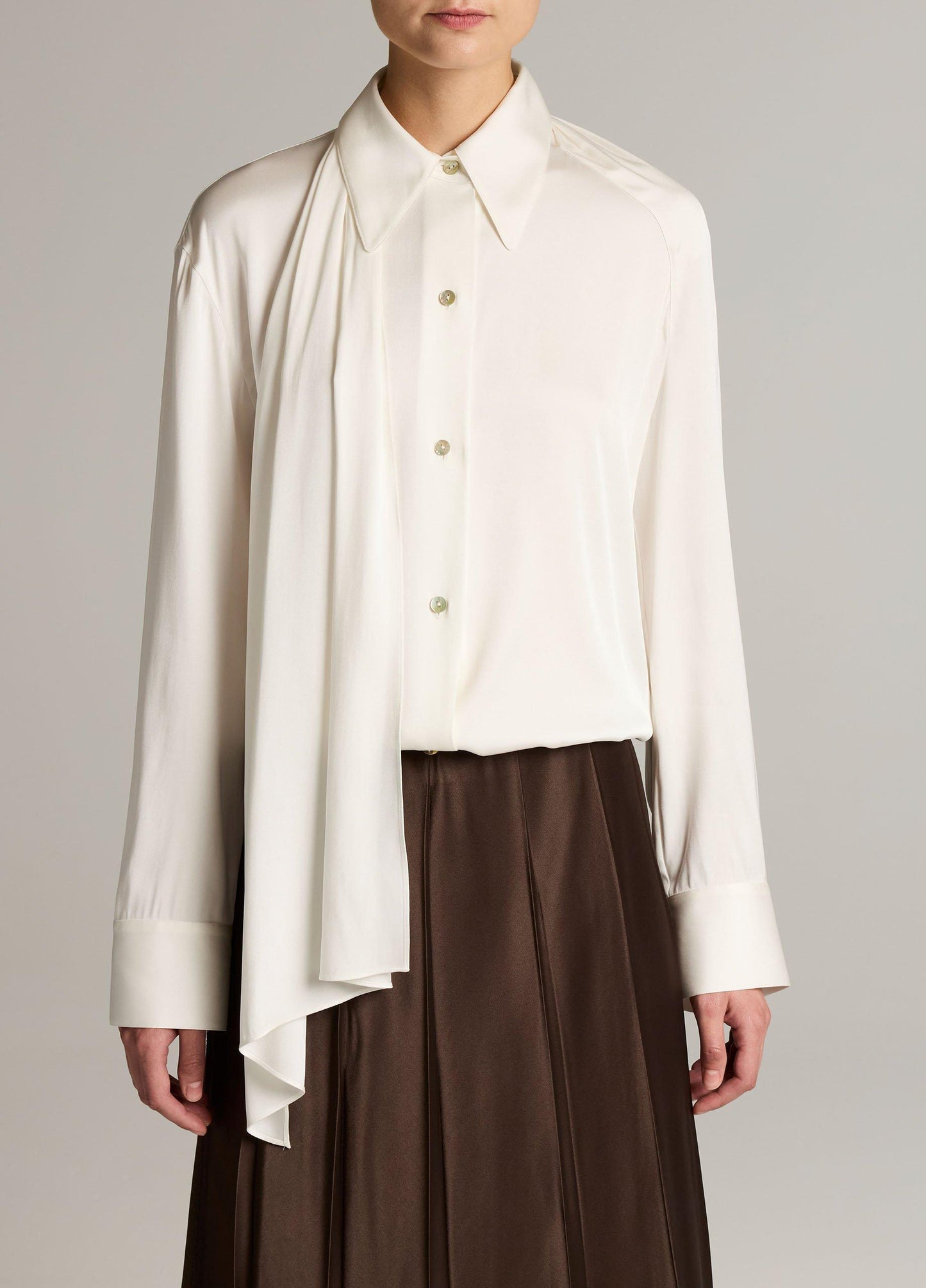 Silk-Blend Draped Scarf-Tie Button-Front Shirt - US 5436