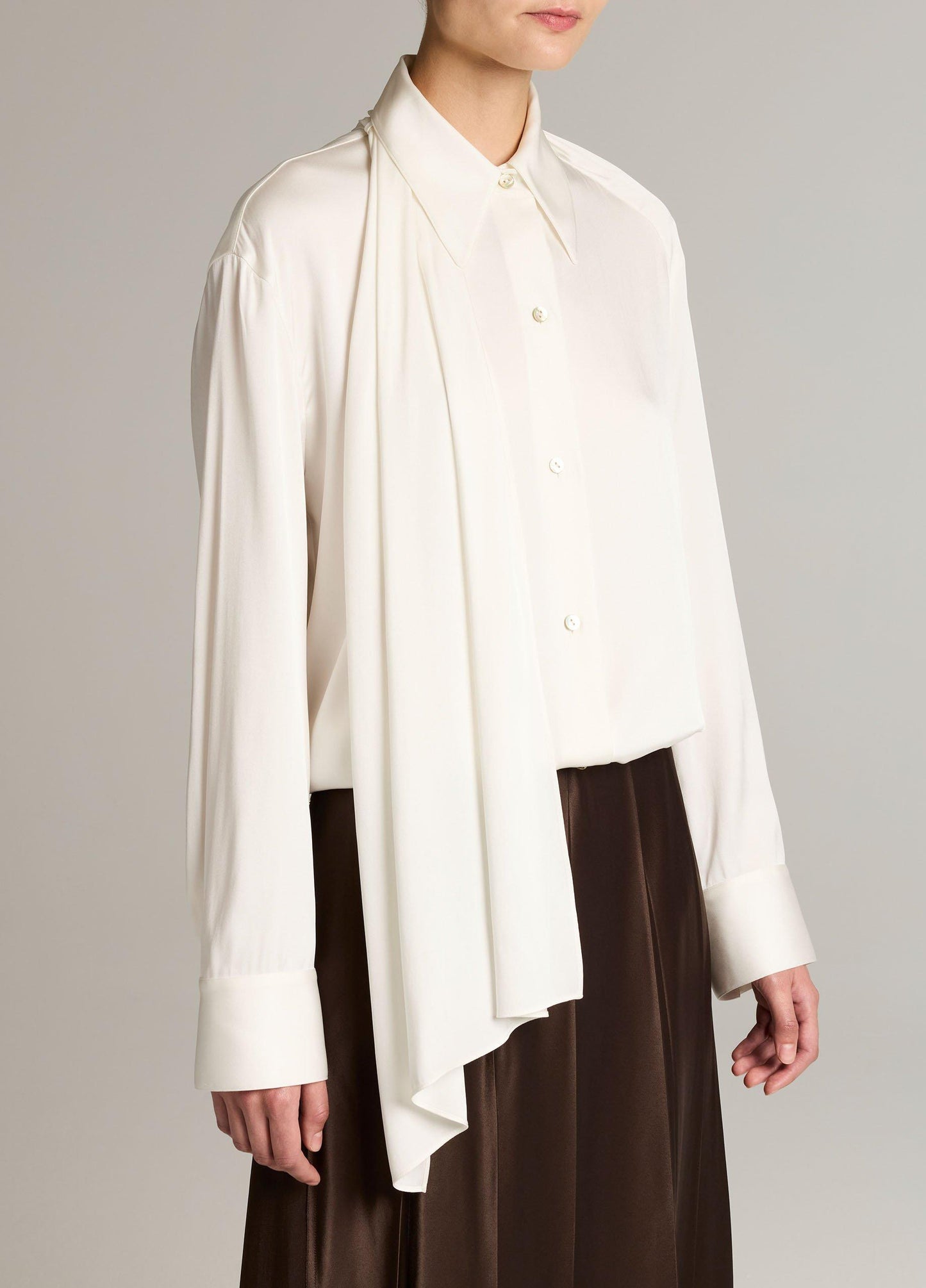 Silk-Blend Draped Scarf-Tie Button-Front Shirt - US 5436