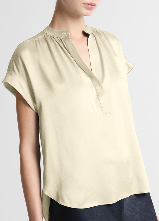 Silk Gathered Cap-Sleeve Blouse - US 6383