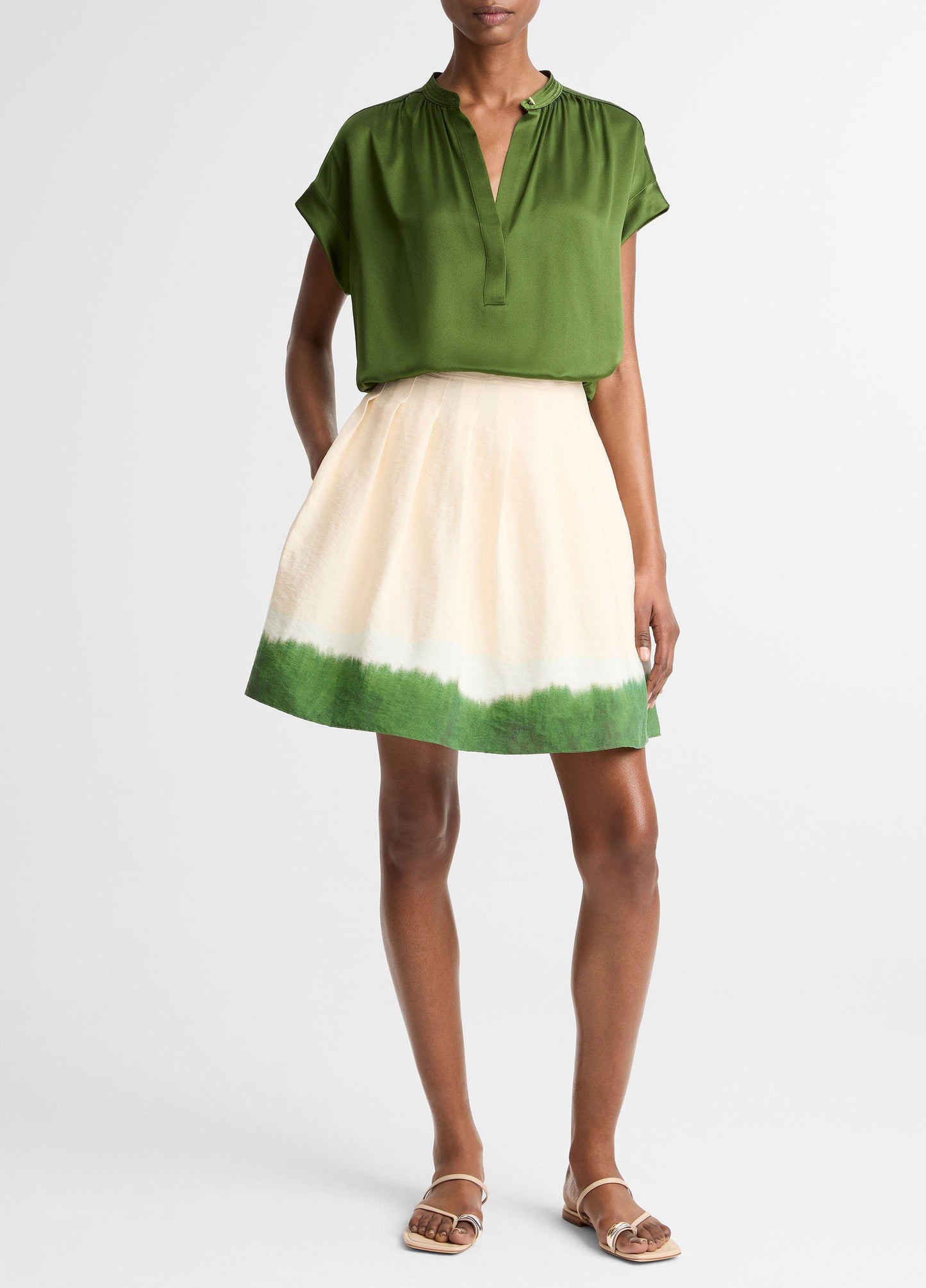 Silk Gathered Cap-Sleeve Blouse - US 8215