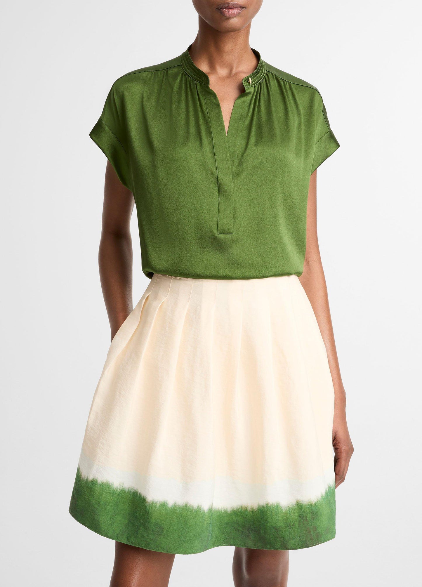 Silk Gathered Cap-Sleeve Blouse - US 8215