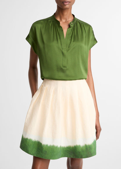 Silk Gathered Cap-Sleeve Blouse - US 8215