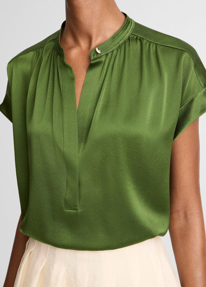 Silk Gathered Cap-Sleeve Blouse - US 8215