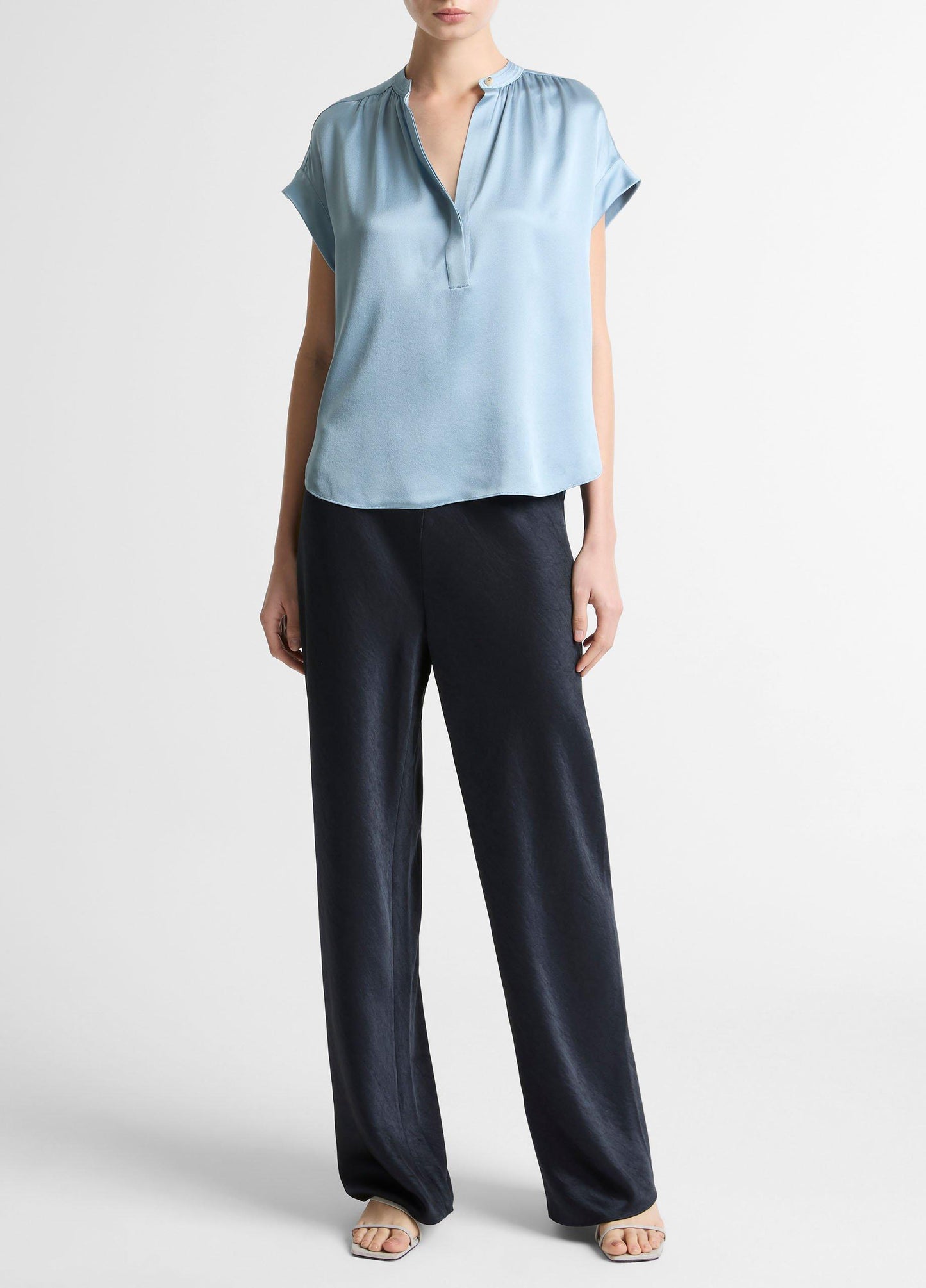 Silk Gathered Cap-Sleeve Blouse - US 7938