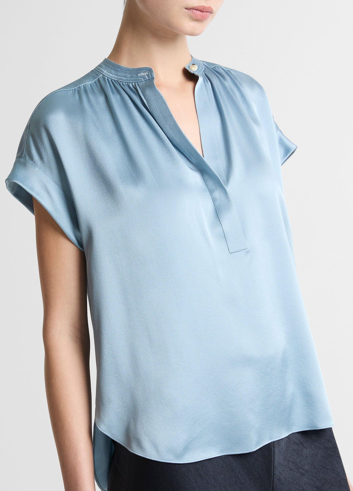 Silk Gathered Cap-Sleeve Blouse - US 7938