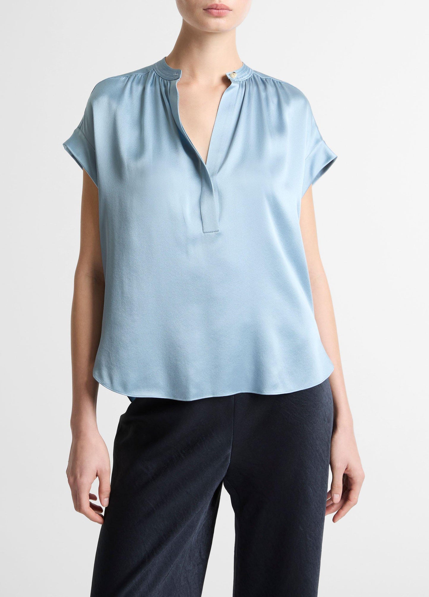 Silk Gathered Cap-Sleeve Blouse - US 7938