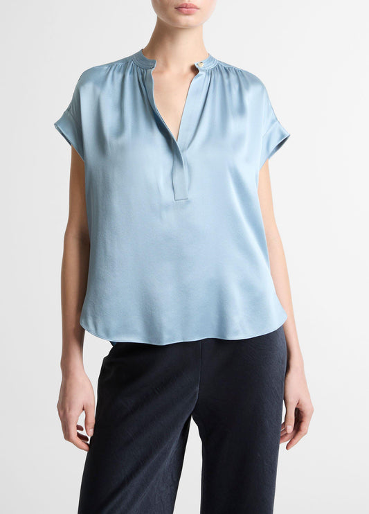 Silk Gathered Cap-Sleeve Blouse - US 7938