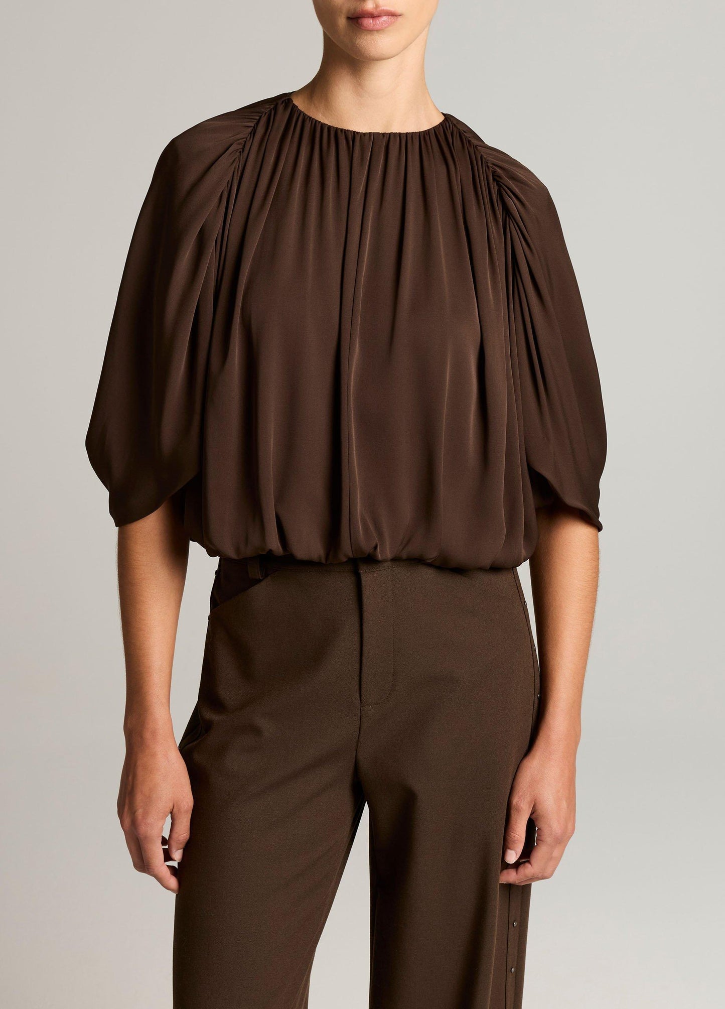 Stretch-Silk Cape-Sleeve Bubble Blouse - US 4639