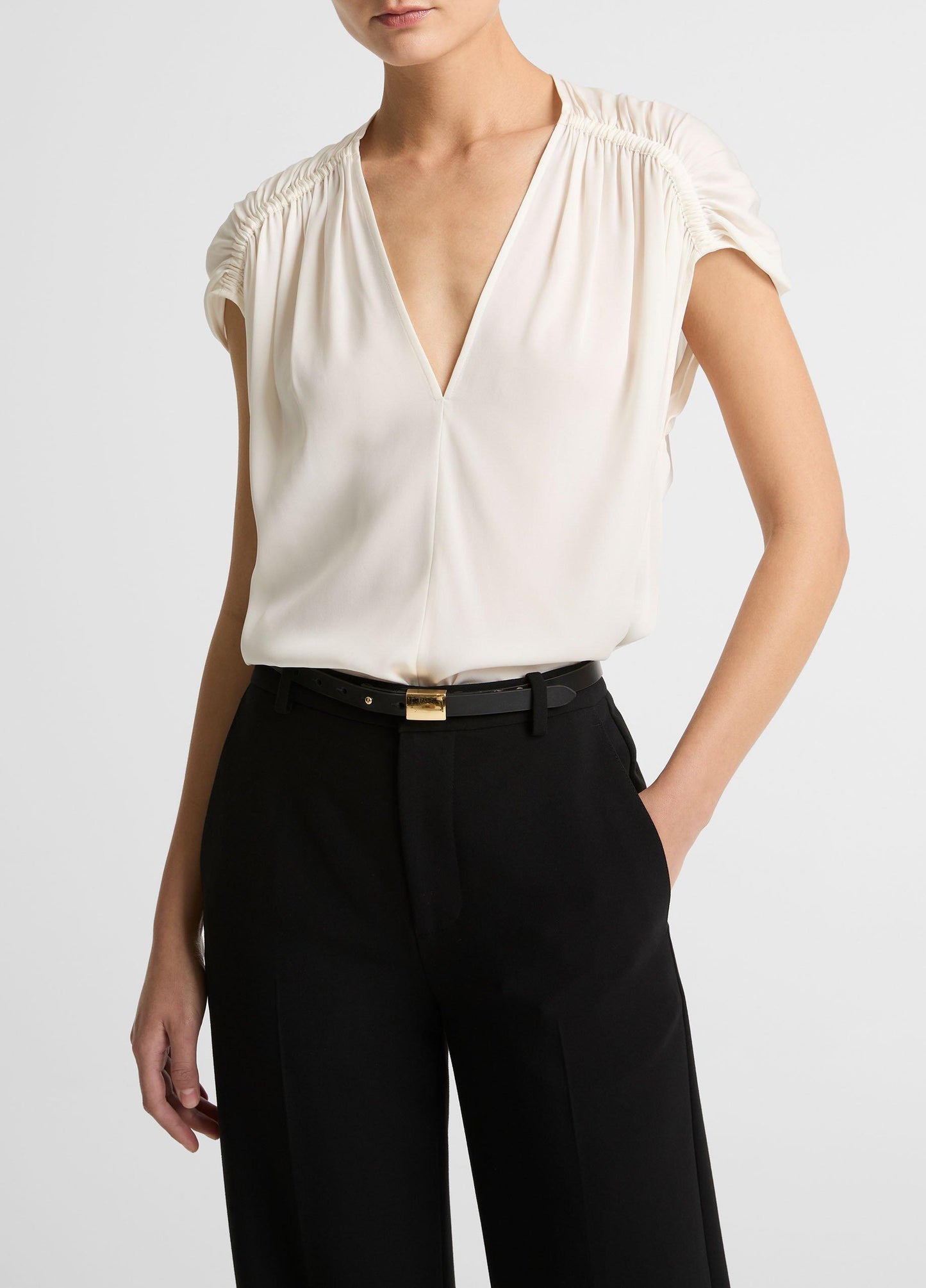 Stretch-Silk Gathered Cap-Sleeve Blouse - US 2693