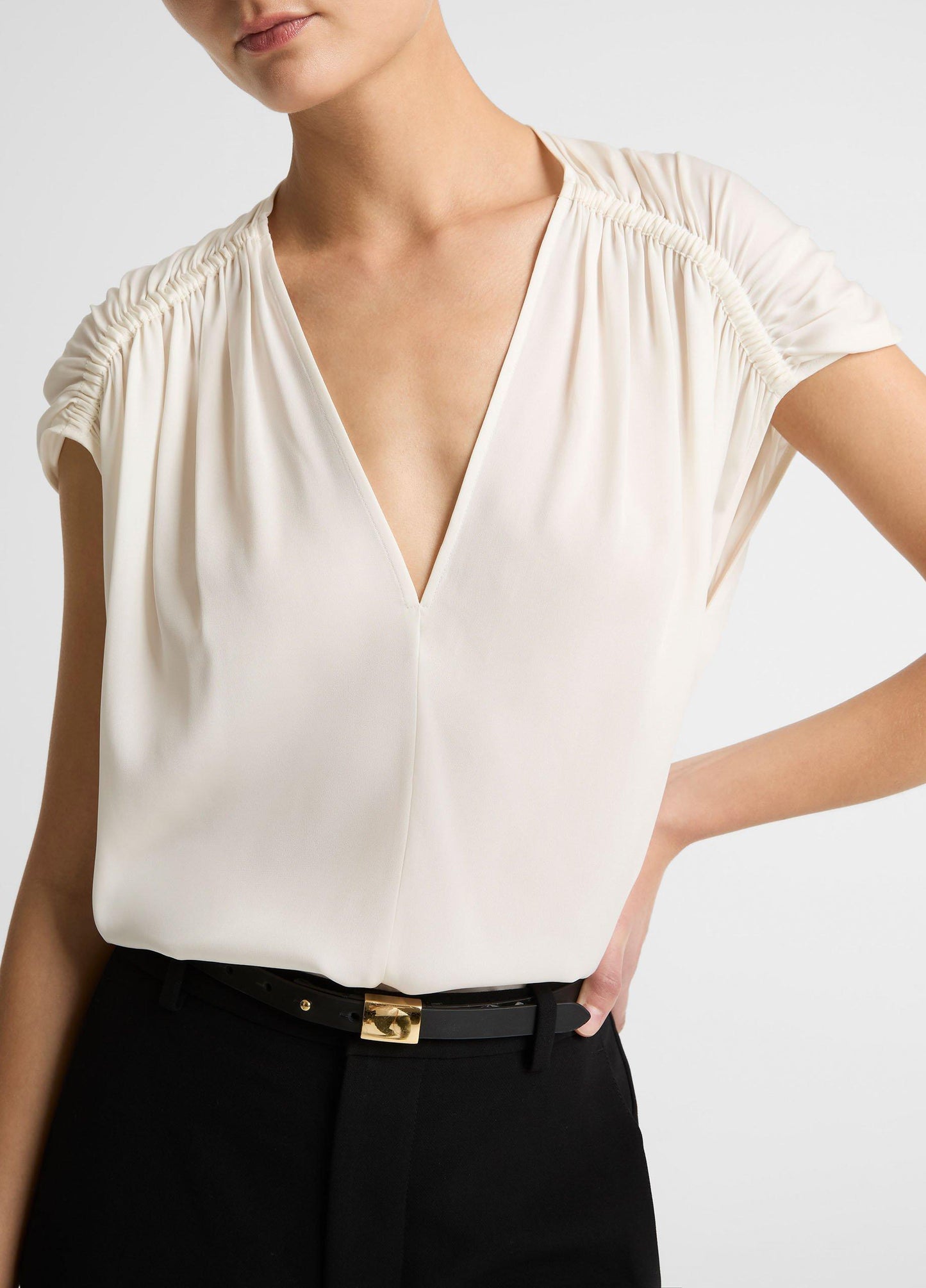 Stretch-Silk Gathered Cap-Sleeve Blouse - US 2693