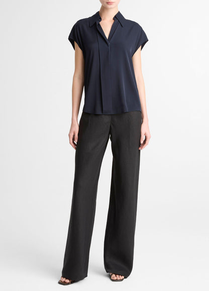 Stretch-Silk Hidden-Placket Cap-Sleeve Blouse - US 5839