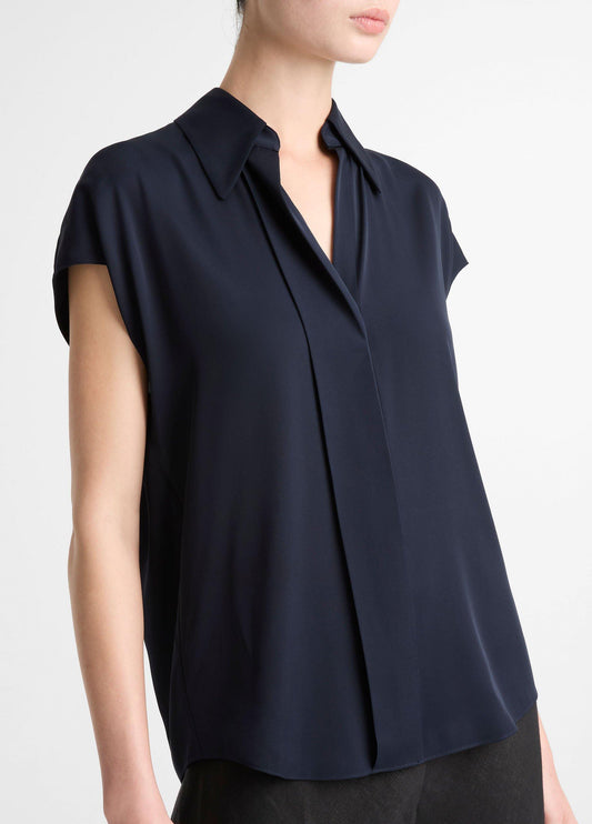 Stretch-Silk Hidden-Placket Cap-Sleeve Blouse - US 5839