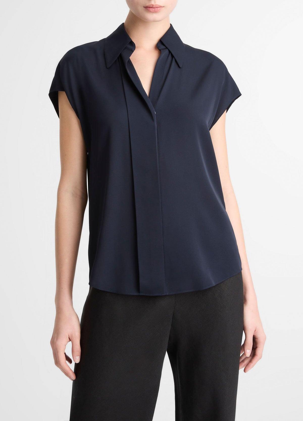 Stretch-Silk Hidden-Placket Cap-Sleeve Blouse - US 5839