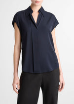 Stretch-Silk Hidden-Placket Cap-Sleeve Blouse - US 5839