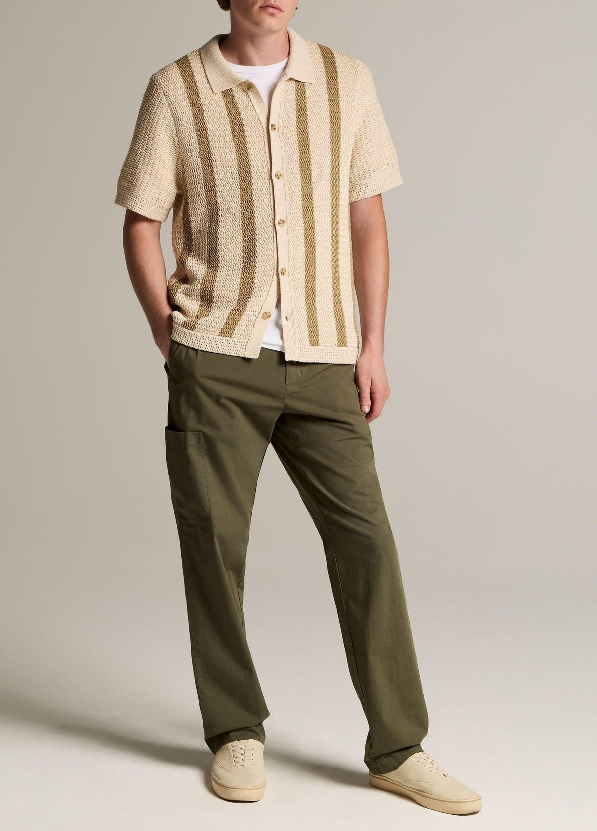 Striped Crochet Cotton Short-Sleeve Button-Front Shirt - US 2394