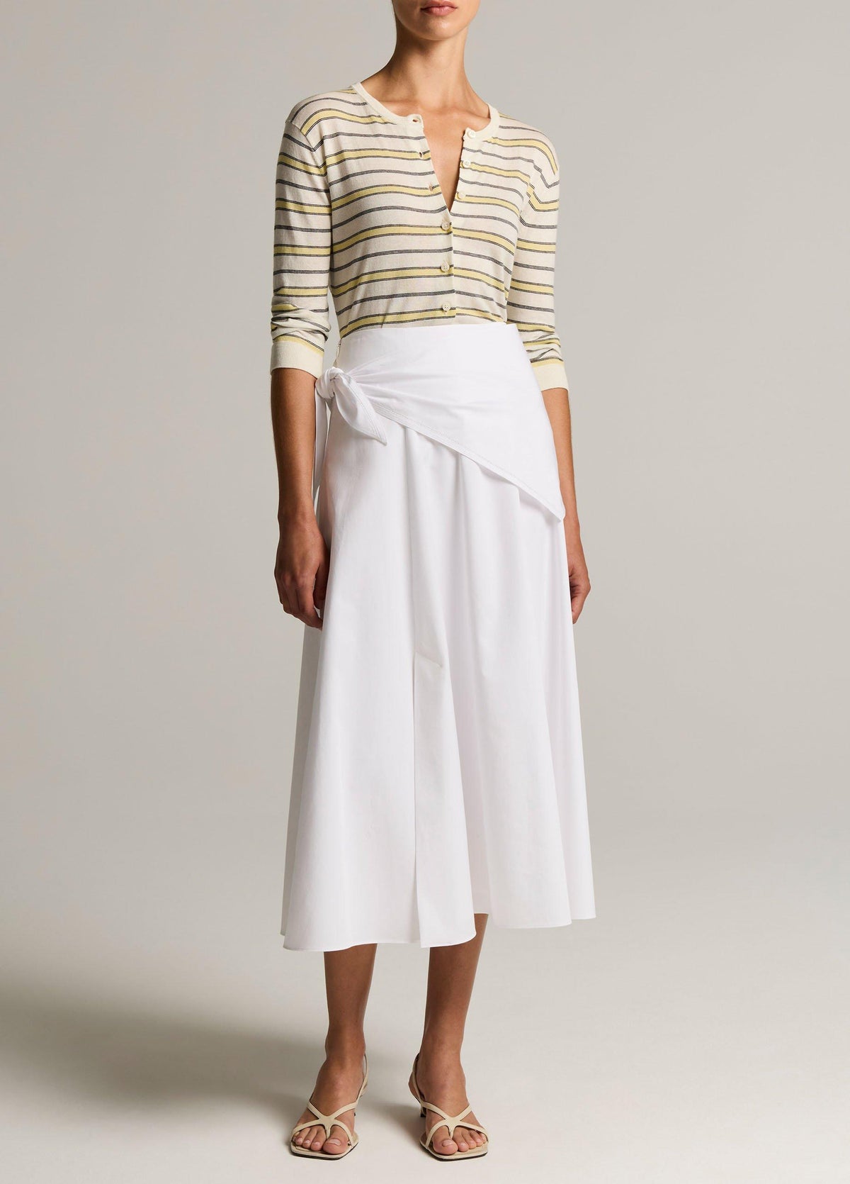 Striped Italian Cotton-Cashmere Three-Quarter-Sleeve Cardigan - US 6541