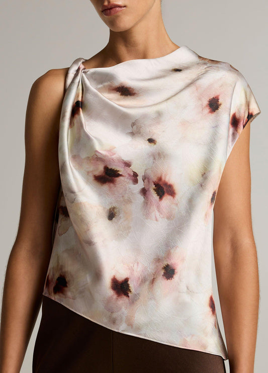 Watercolor Floral Satin Twist-Shoulder Top - US 2432
