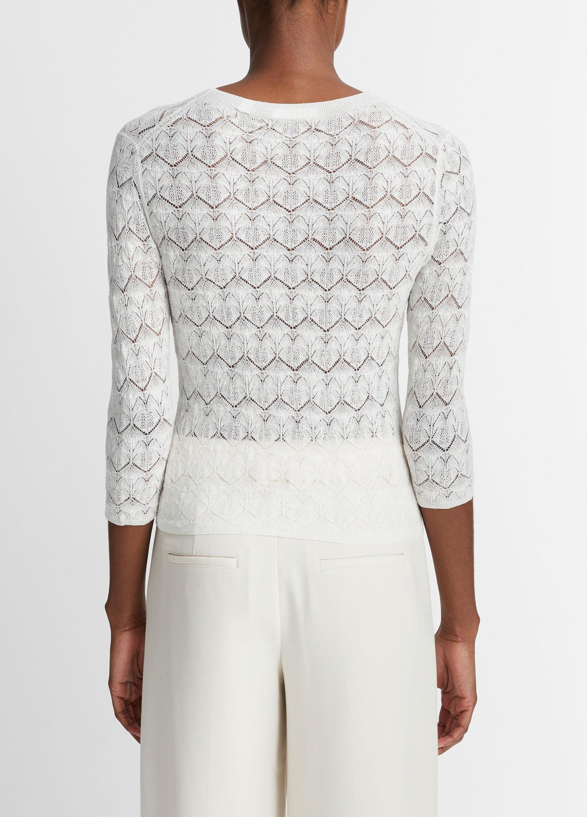 Fine Lace Cotton Three-Quarter-Sleeve Crew Neck Sweater - US 5182