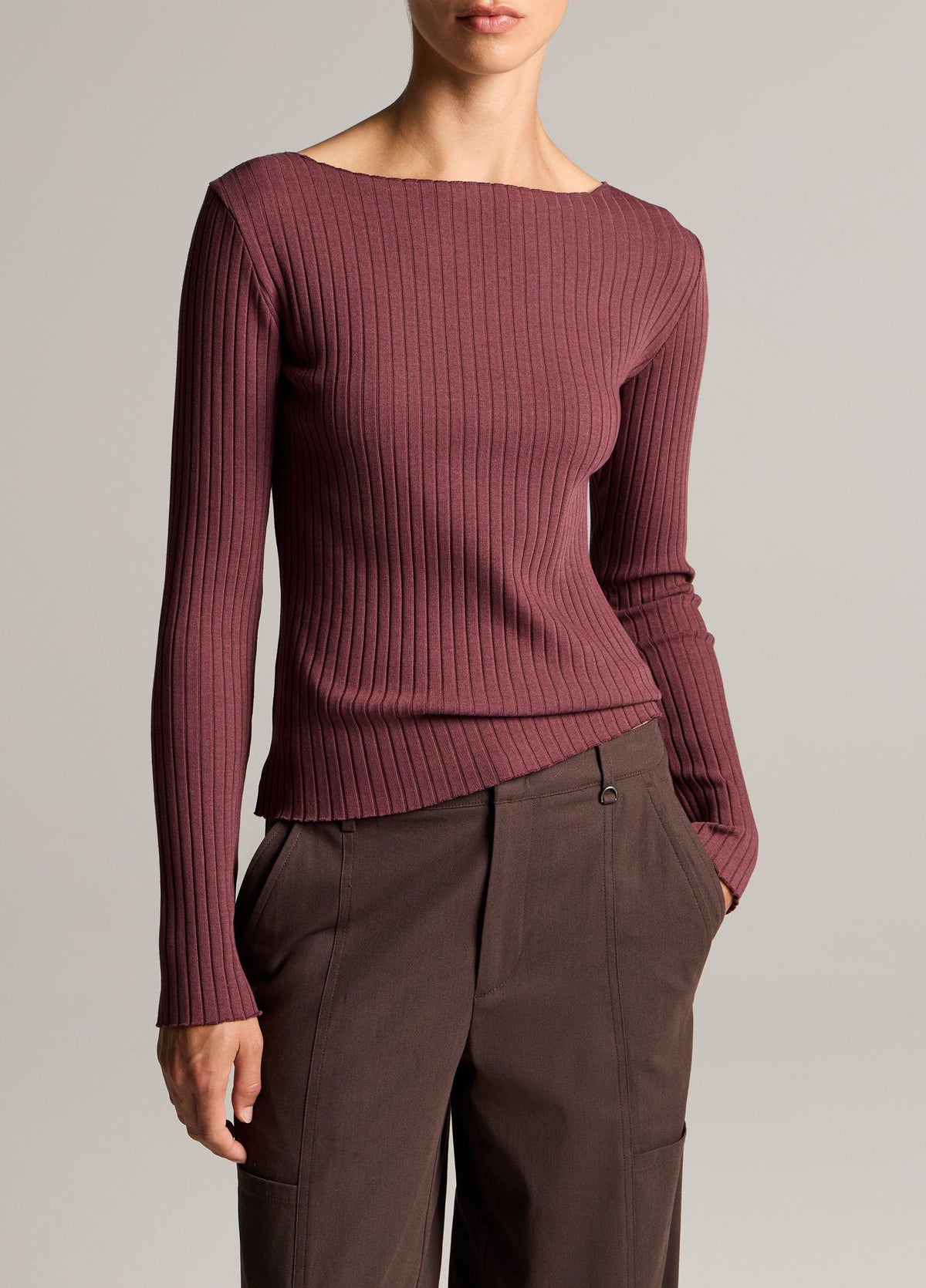 Ribbed Cotton-Blend Slash-Neck Long-Sleeve Top - US 2580
