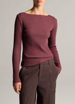 Ribbed Cotton-Blend Slash-Neck Long-Sleeve Top - US 2580