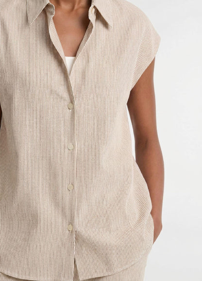Ticking Stripe Linen-Cotton Cap-Sleeve Blouse - US 3199