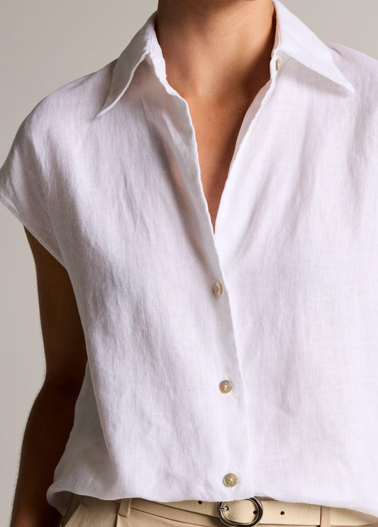 Linen Cap-Sleeve Button-Front Blouse - US 4913
