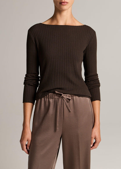 Ribbed Cotton-Blend Slash-Neck Long-Sleeve Top - US 9336