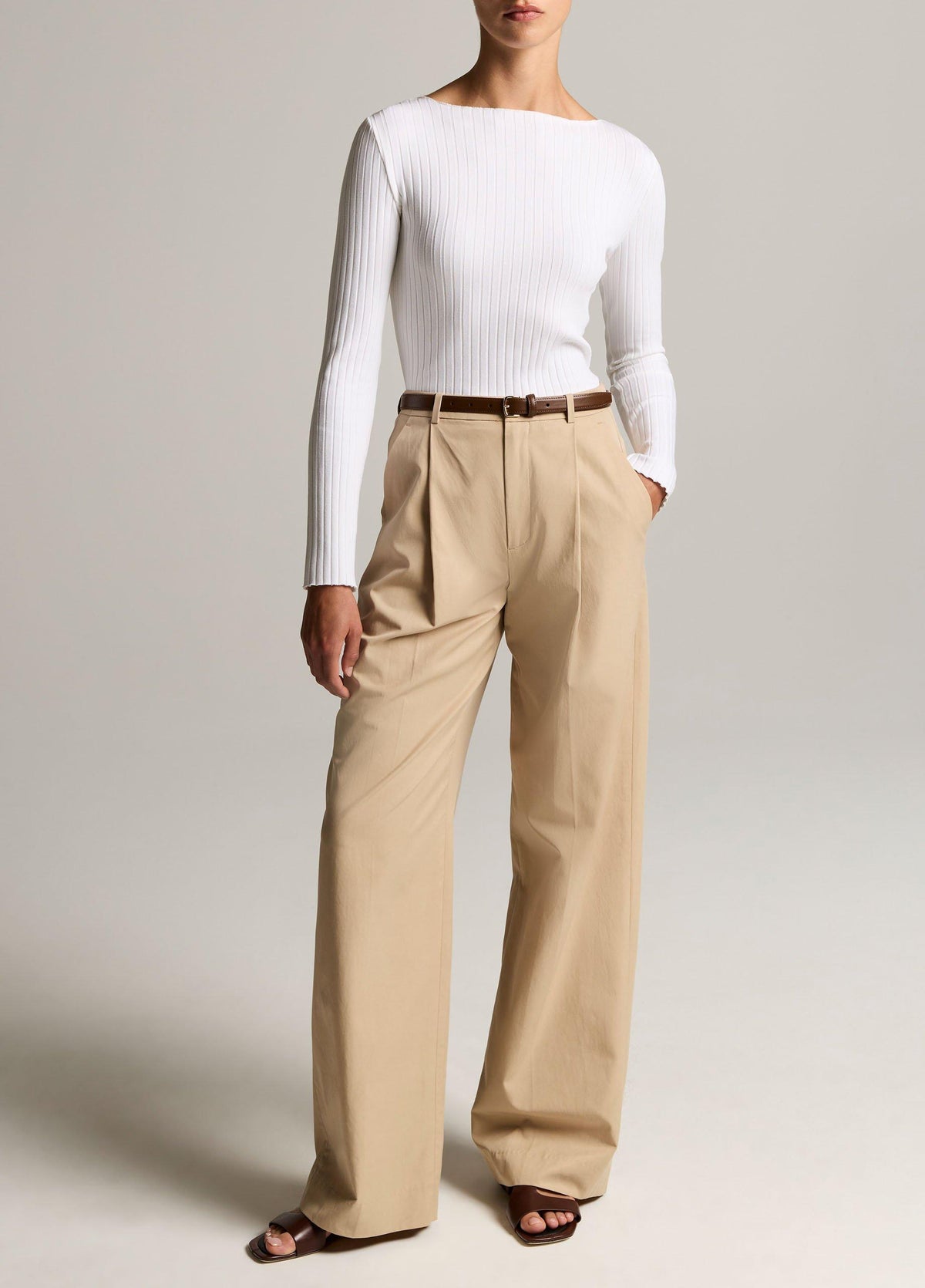 Ribbed Cotton-Blend Slash-Neck Long-Sleeve Top - US 0392