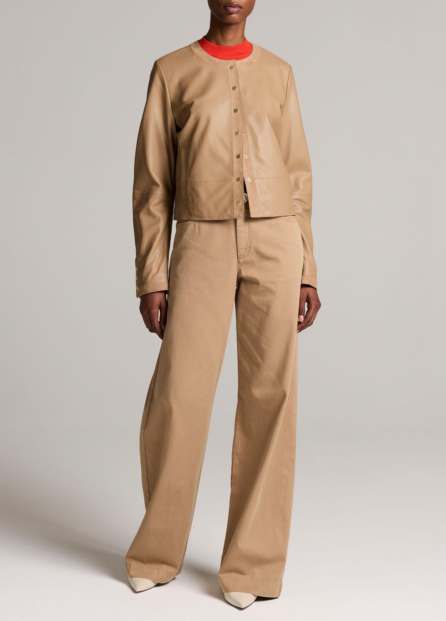 Suede-Trimmed Leather Cropped Jacket - US 1142