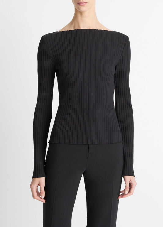 Ribbed Cotton-Blend Slash-Neck Long-Sleeve Top - US 3299