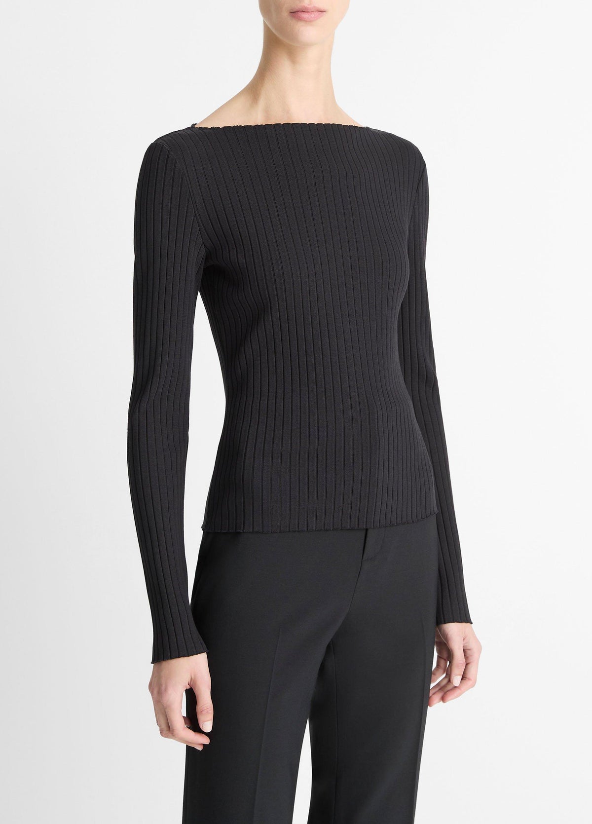 Ribbed Cotton-Blend Slash-Neck Long-Sleeve Top - US 3299