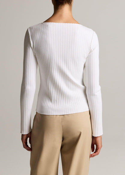 Ribbed Cotton-Blend Slash-Neck Long-Sleeve Top - US 0392