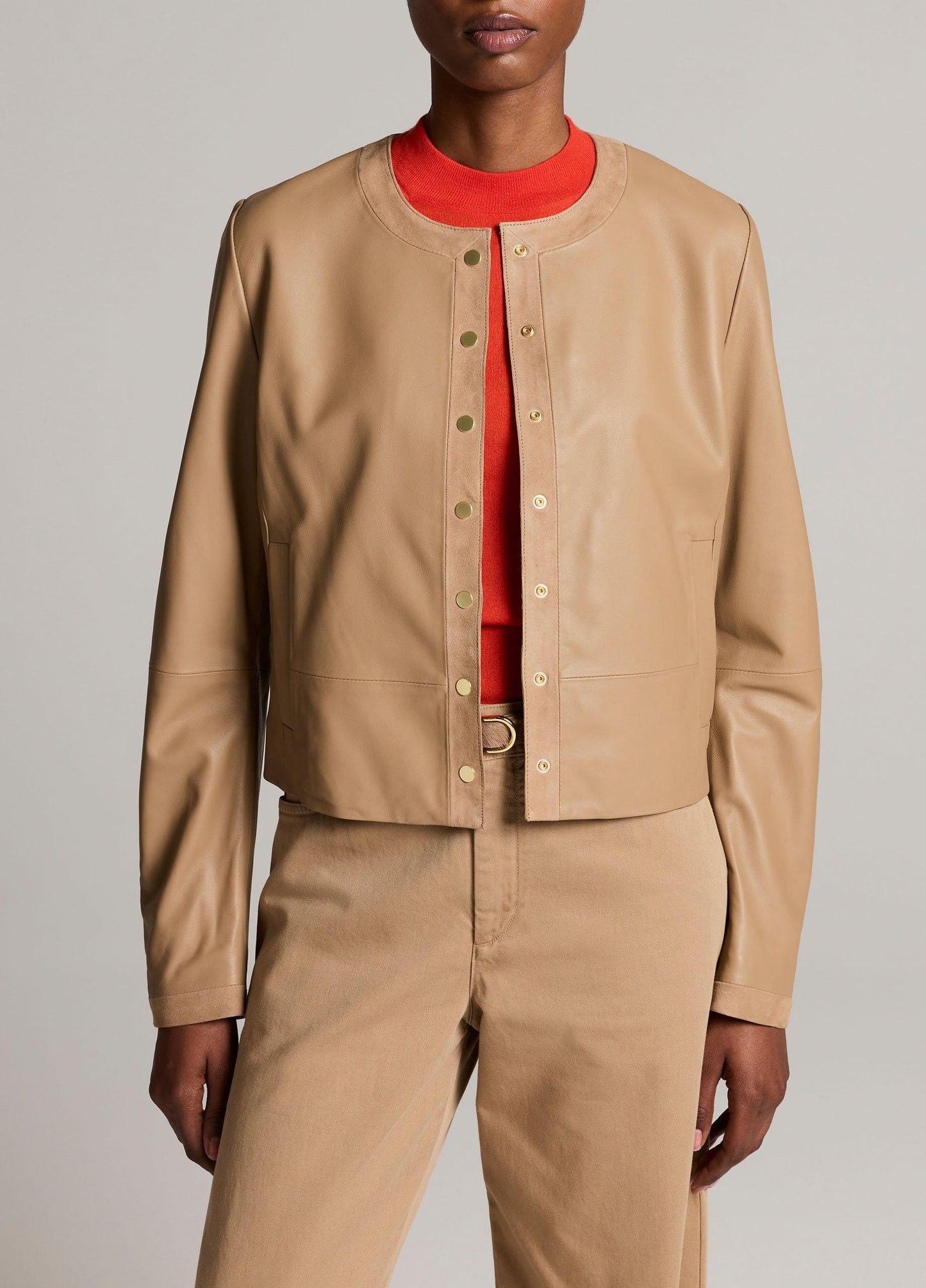 Suede-Trimmed Leather Cropped Jacket - US 1142