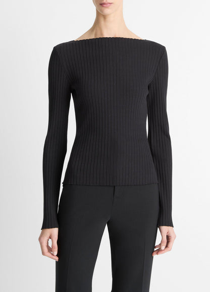 Ribbed Cotton-Blend Slash-Neck Long-Sleeve Top - US 3299