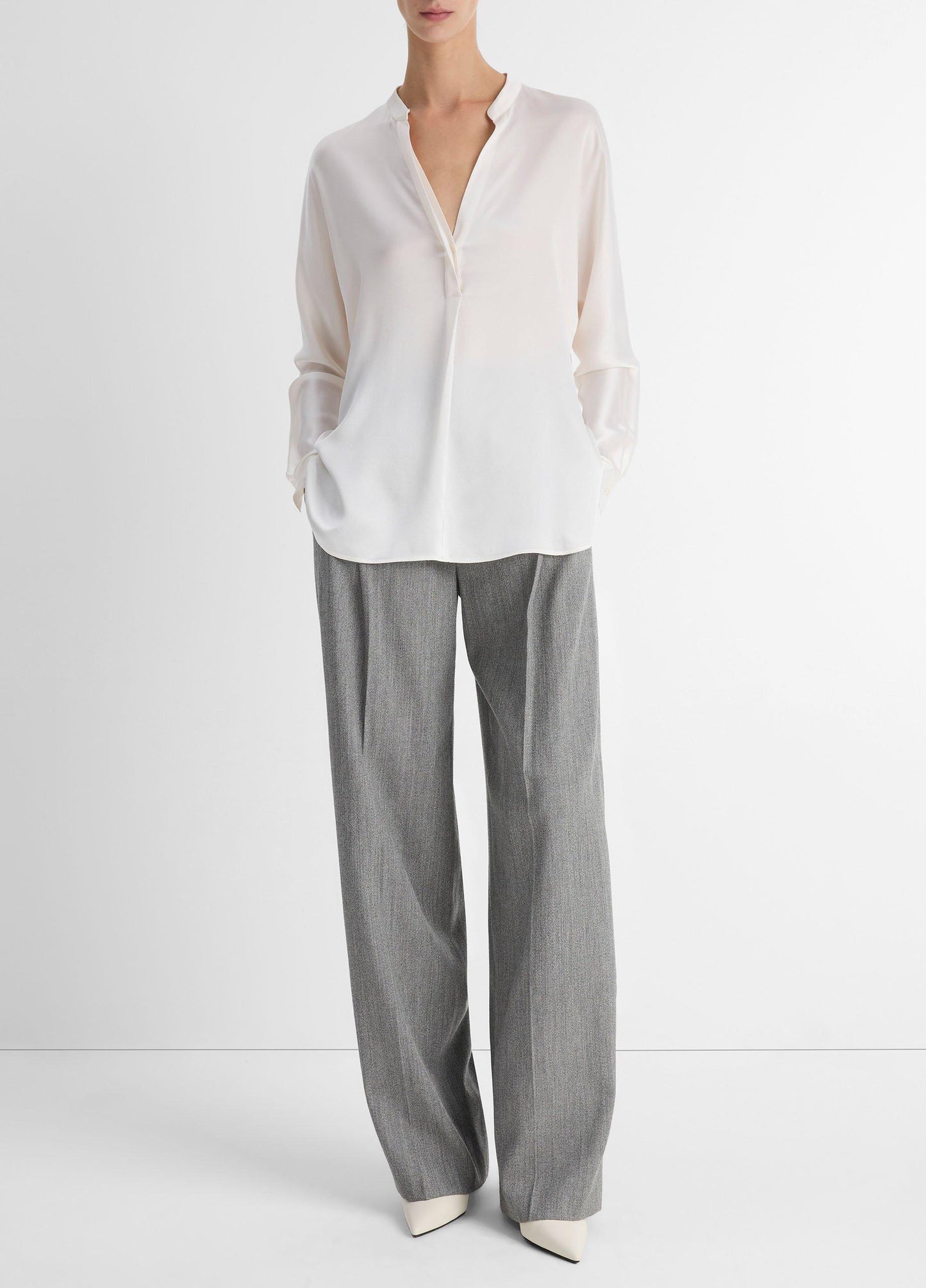 Silk Satin Band-Collar Blouse - US 5094