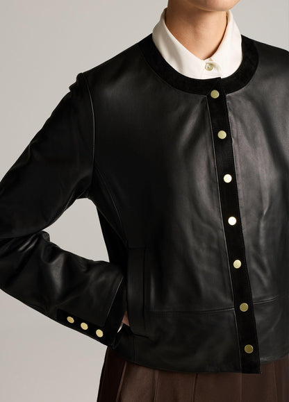 Suede-Trimmed Leather Cropped Jacket - US 1237