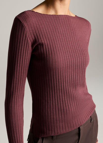 Ribbed Cotton-Blend Slash-Neck Long-Sleeve Top - US 2580