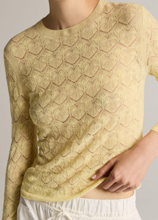 Fine Lace Cotton Three-Quarter-Sleeve Crew Neck Sweater - US 6300
