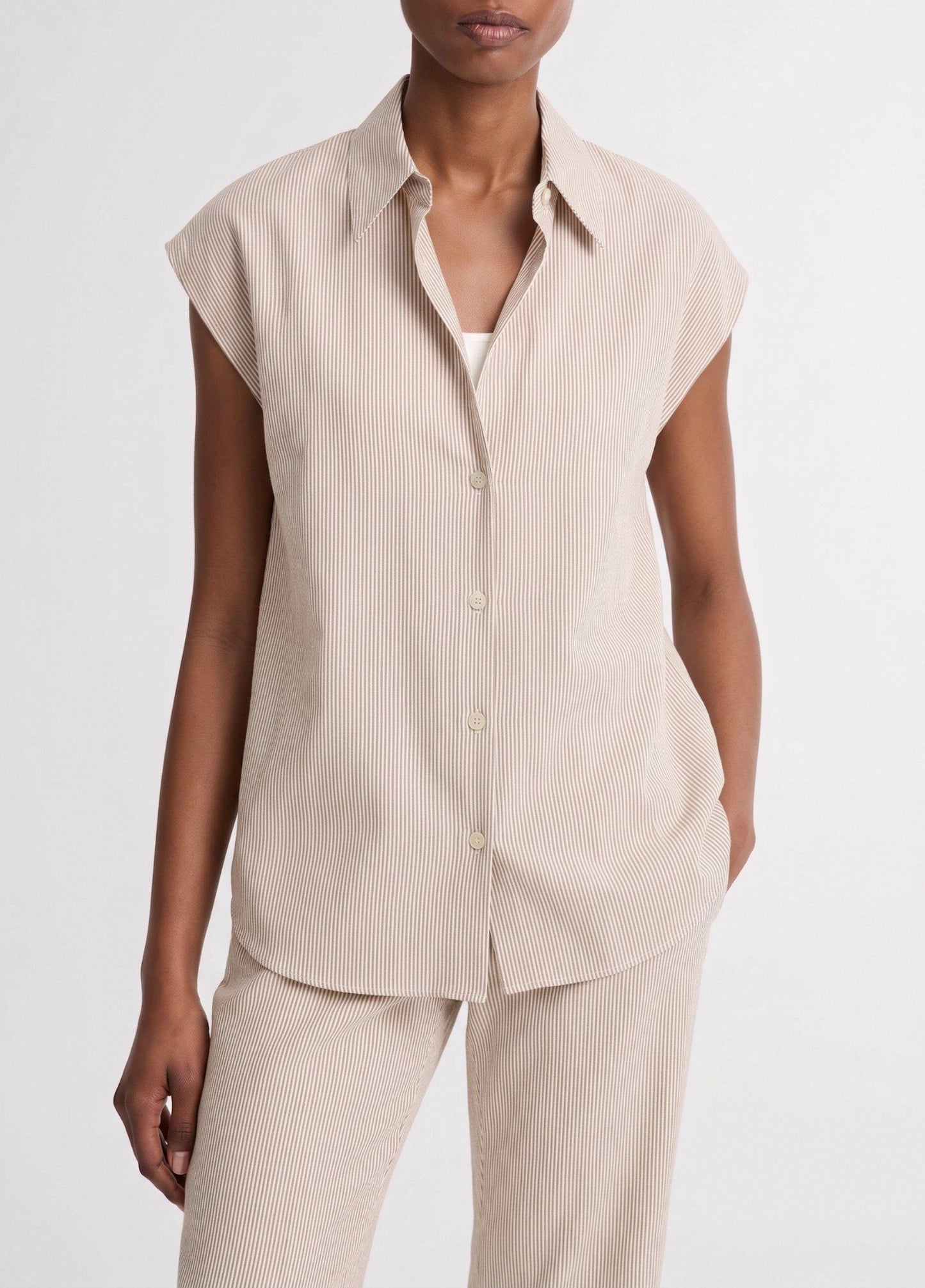 Ticking Stripe Linen-Cotton Cap-Sleeve Blouse - US 3199