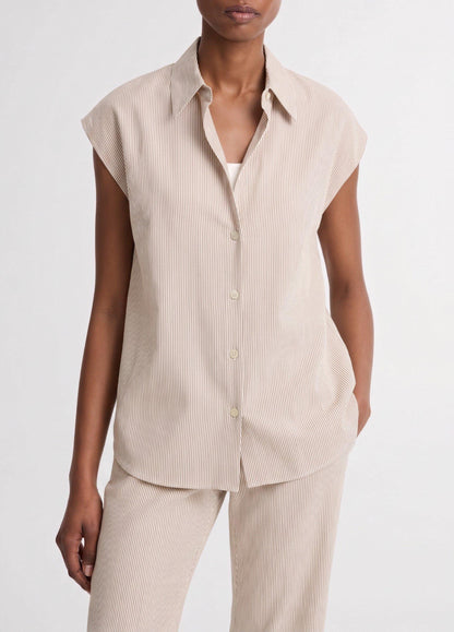Ticking Stripe Linen-Cotton Cap-Sleeve Blouse - US 3199