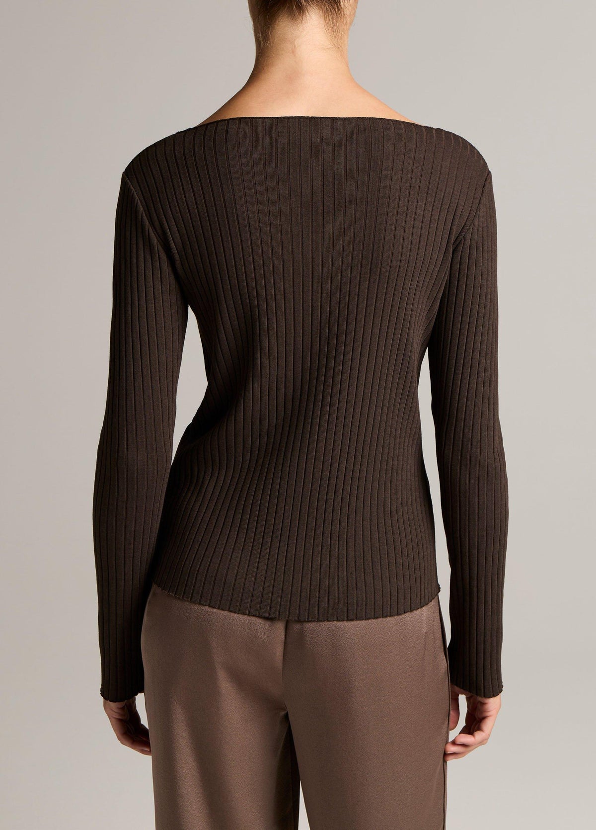 Ribbed Cotton-Blend Slash-Neck Long-Sleeve Top - US 9336