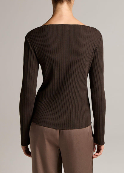 Ribbed Cotton-Blend Slash-Neck Long-Sleeve Top - US 9336